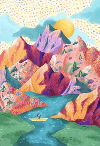 Ilustração infantil de uma senhora passeando de barco sobre montanhas