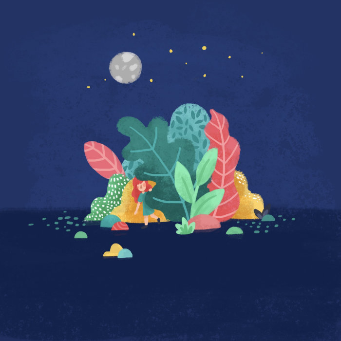 Illustration of little girl hiding behind a tree