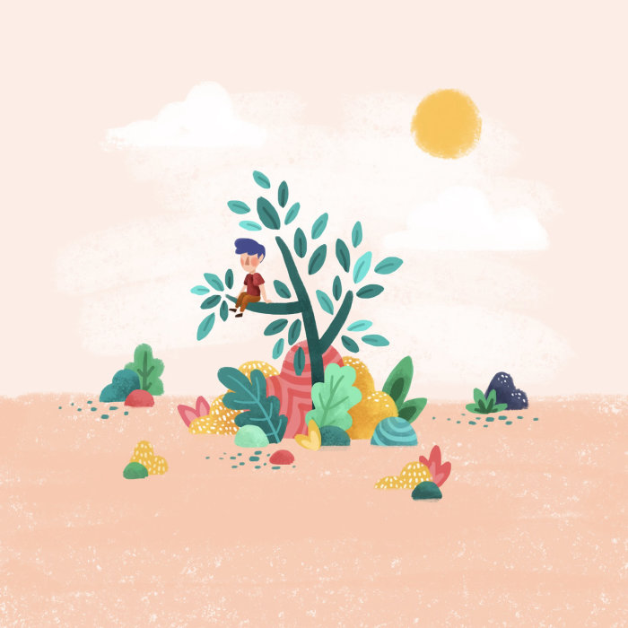 Enfant, séance, arbre, branche, Illustration