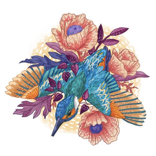 Painting of a bird flying on flowers