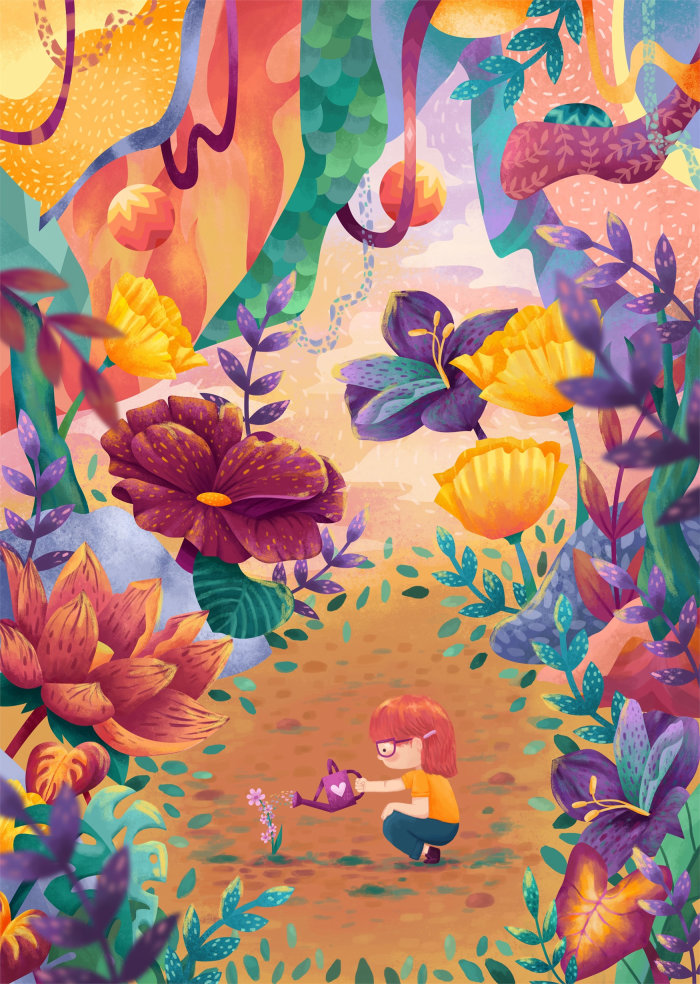 Children's book illustration of child watering plant