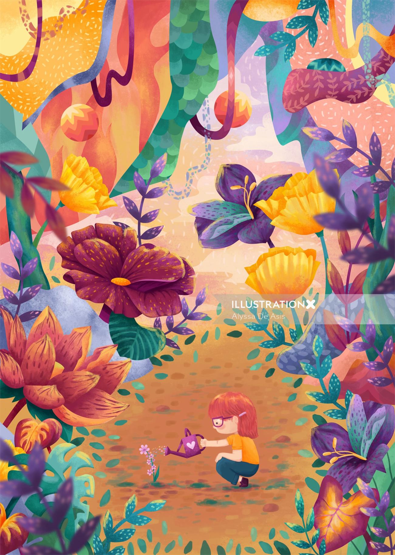 Children's book illustration of child watering plant