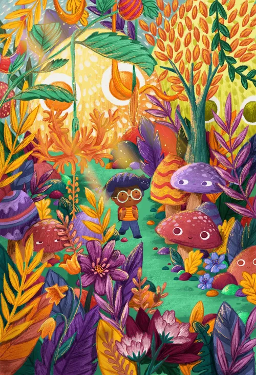Naturillustration eines Jungen, der im Wald spaziert