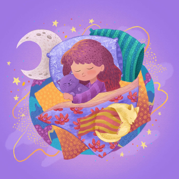 Children  girl sleeping with cat dreaming
