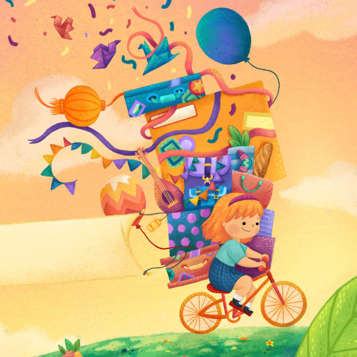 Niños cubiertas de libros niña en bicicleta