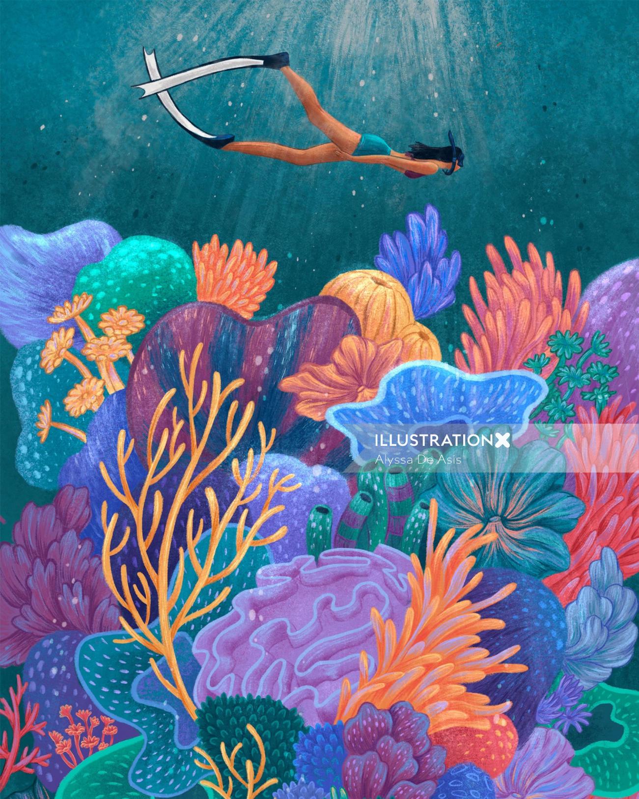 Scuba diving nature illustration 