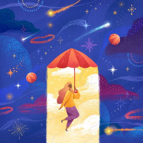 Conceptual woman flying with umbrella
