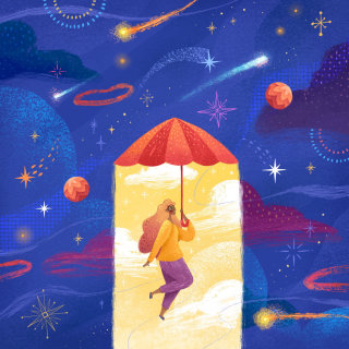 Mujer conceptual volando con paraguas
