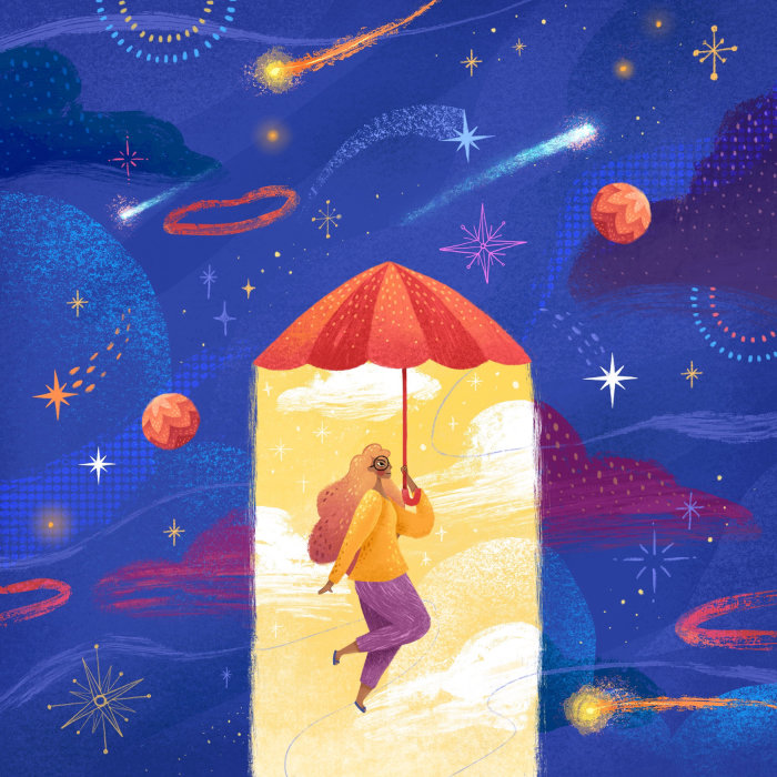 Conceptual woman flying with umbrella
