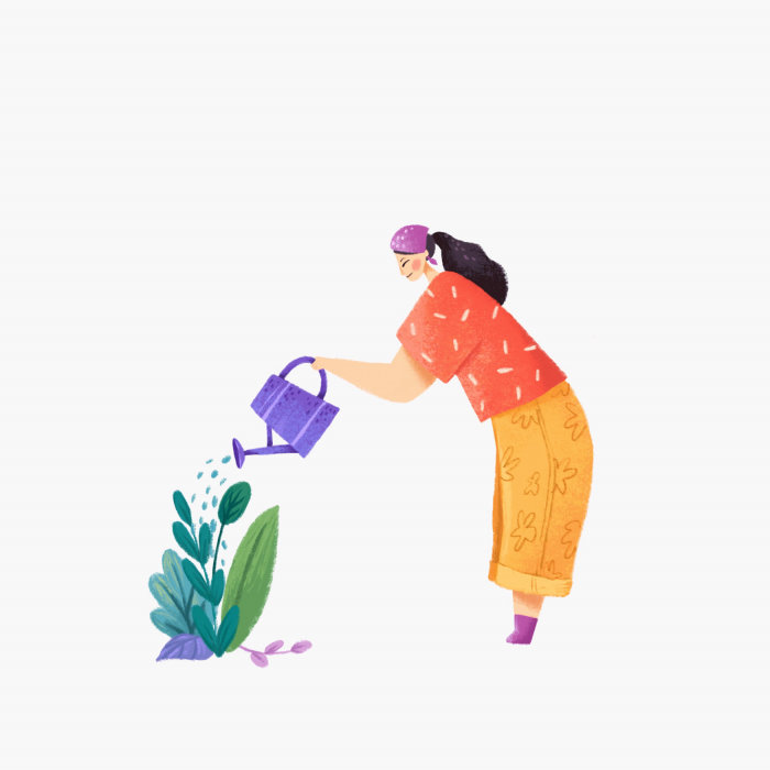 Nature animation of gardener watering her plants