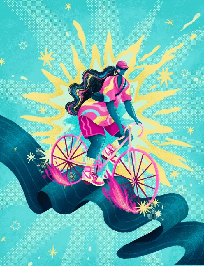 Colorful cosmic cycling illustration by Alyssa De Asis