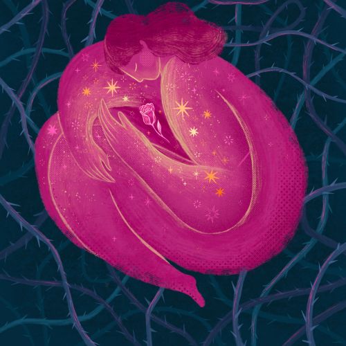 Pink woman curled with glowing stars on body by Alyssa De Asis