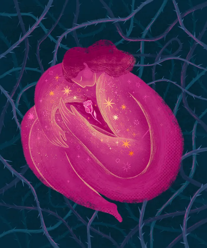 Pink woman curled with glowing stars on body by Alyssa De Asis