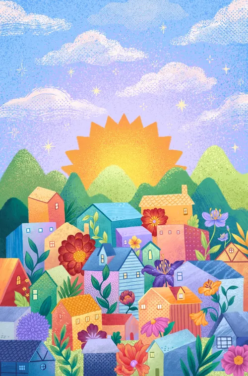 Farbenfrohes Dorf mit Blumen und aufgehender Sonne über den Bergen von Alyssa De Asis