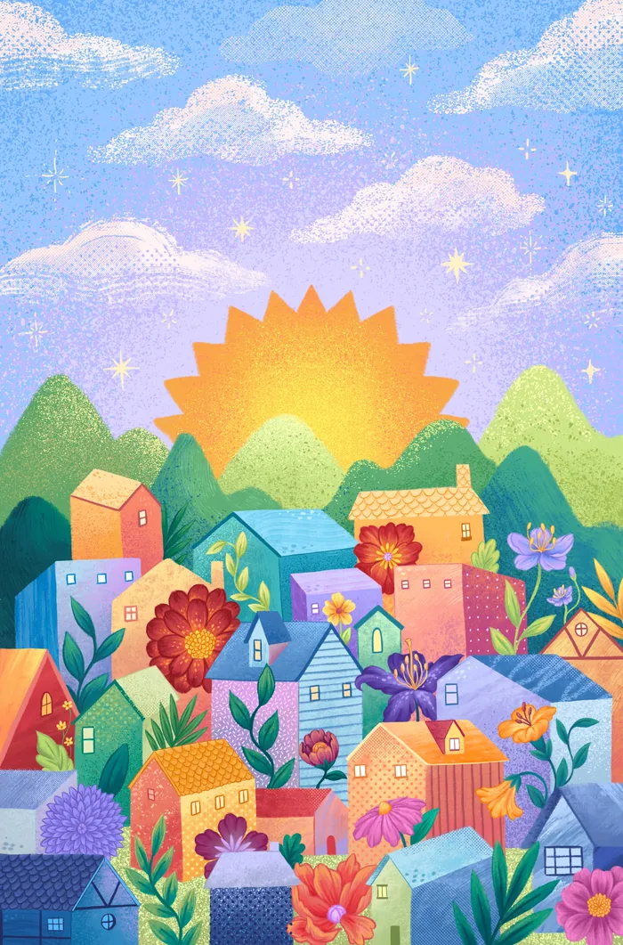 Colorful village with flowers and rising sun over mountains by Alyssa De Asis