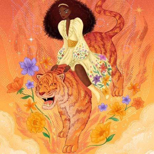 Surreal image of a woman riding a tiger in a glowing magical scene by Alyssa De Asis