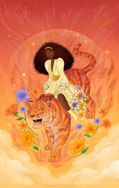 Surreales Bild einer Frau, die in einer leuchtenden, magischen Szene auf einem Tiger reitet, von Alyssa De Asis