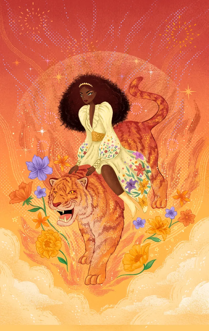 Surreal image of a woman riding a tiger in a glowing magical scene by Alyssa De Asis