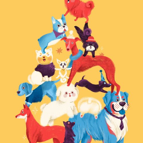 Whimsical colorful dogs stacked in a pyramid wearing party hats by Alyssa De Asis