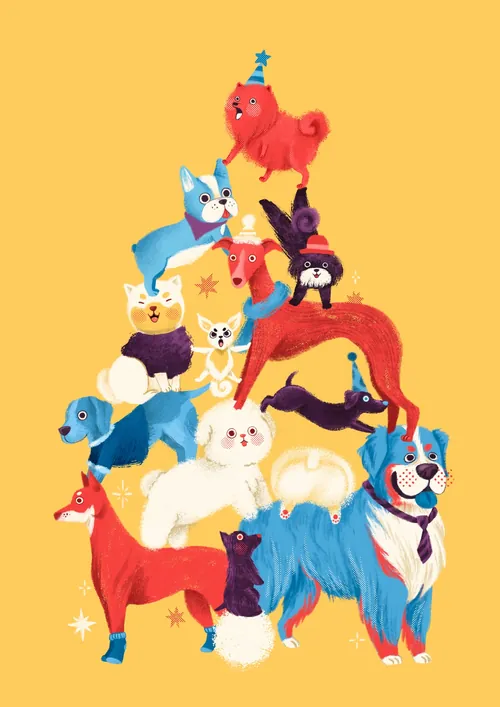 Verspielte, bunte Hunde, die zu einer Pyramide gestapelt sind und Partyhüte tragen (von Alyssa De Asis).