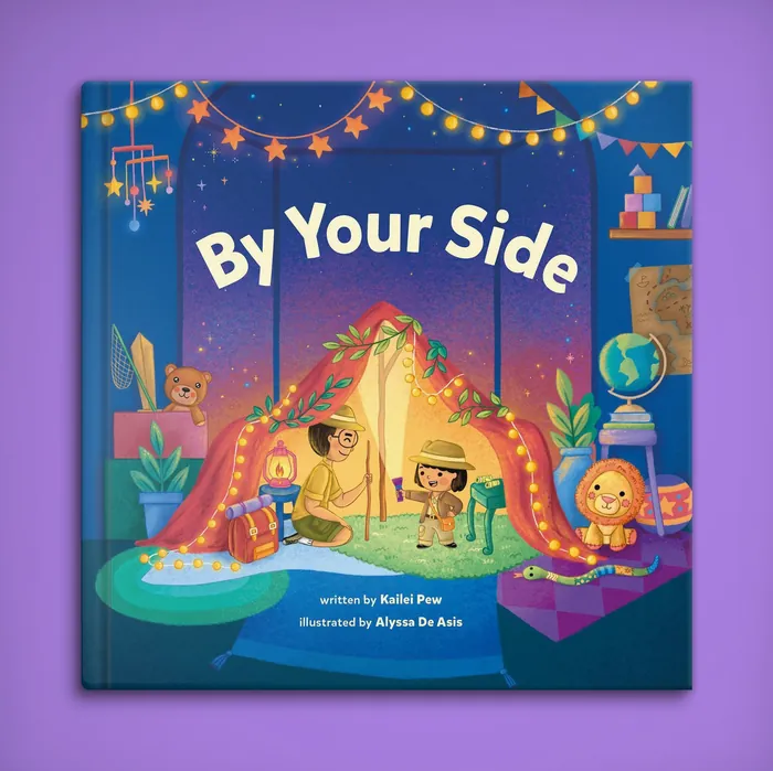 Children's book cover with kids in illuminated tent by Alyssa De Asis