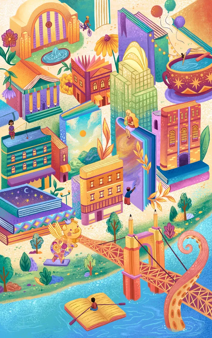 Surreal cityscape with colorful buildings and plants by Alyssa De Asis