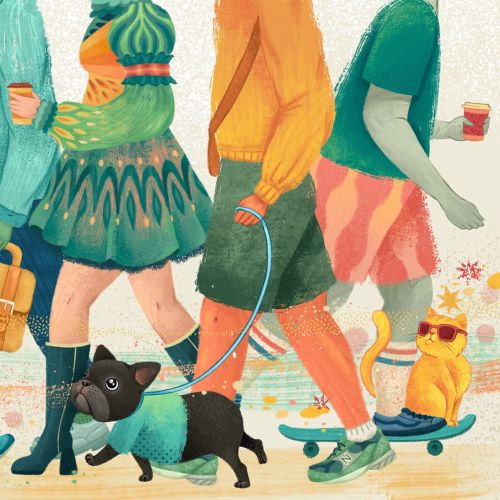 People walking with a dog and cat by Alyssa De Asis
