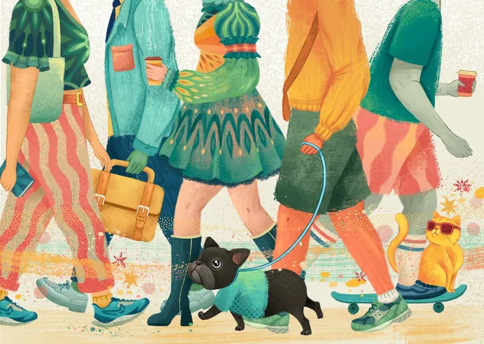 People walking with a dog and cat by Alyssa De Asis
