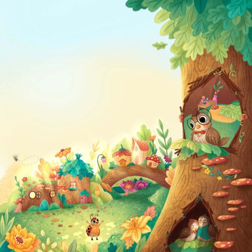 Whimsical treehouses and animals in a colorful fantasy landscape by Alyssa De Asis