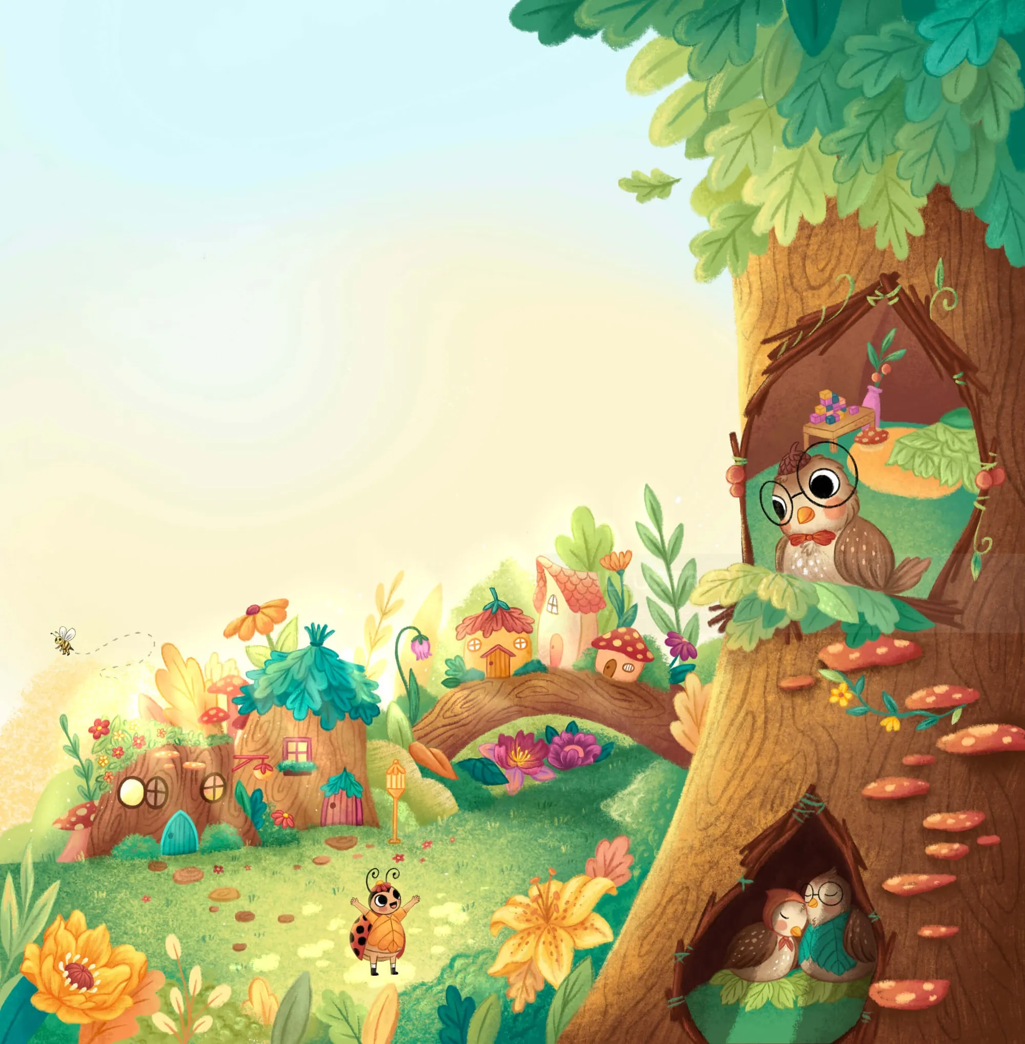 Alyssa De Asis 创作的色彩缤纷的奇幻景观中，有奇趣的树屋和动物。