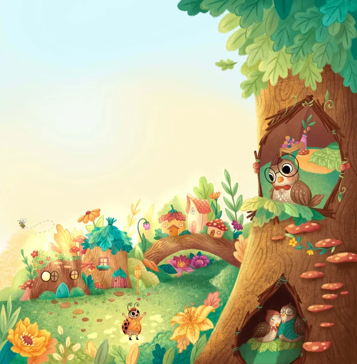 Whimsical treehouses and animals in a colorful fantasy landscape by Alyssa De Asis