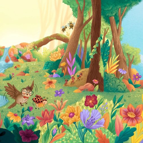 Bright forest scene with colorful flowers and birds by Alyssa De Asis