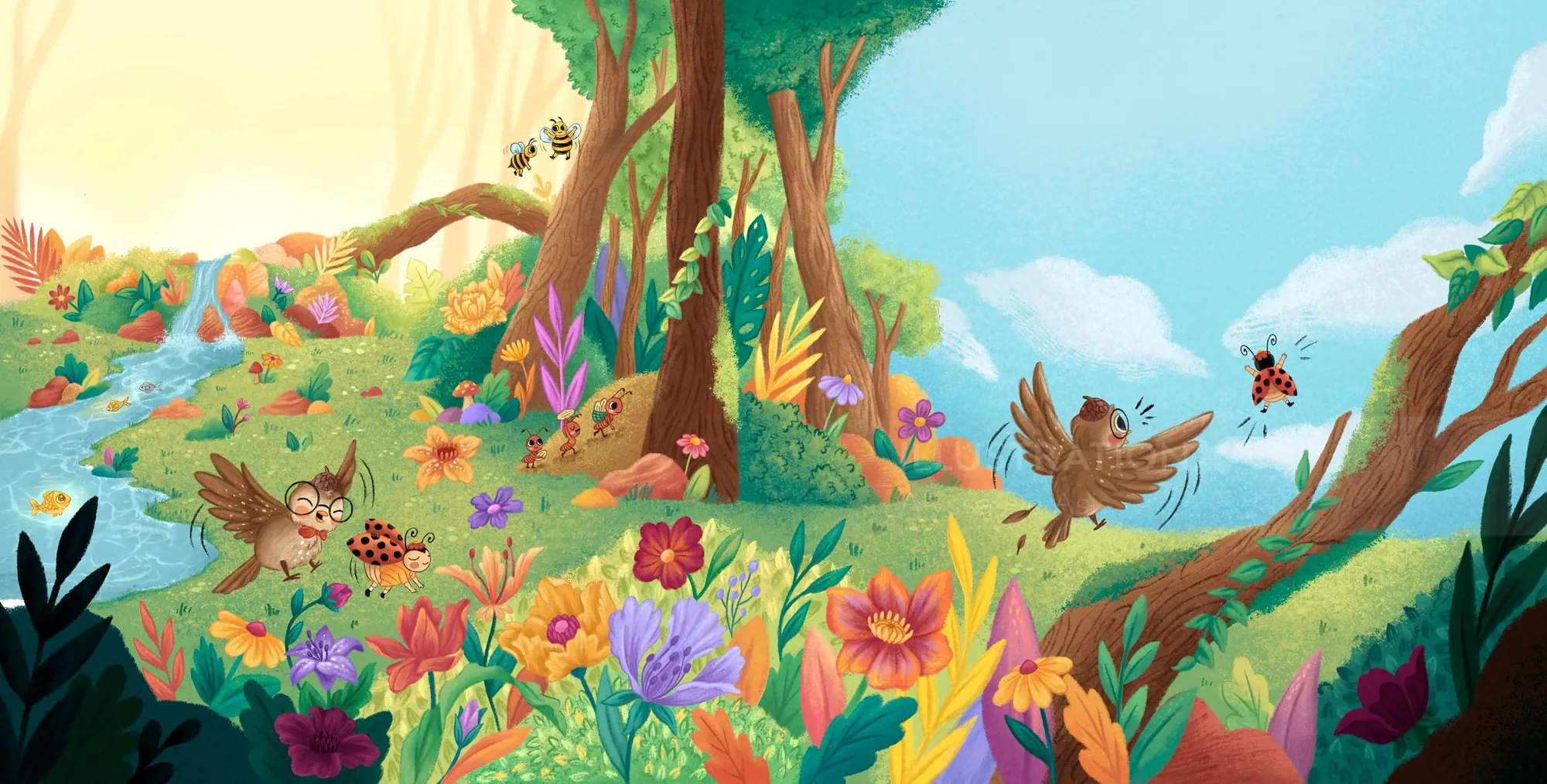 Bright forest scene with colorful flowers and birds by Alyssa De Asis