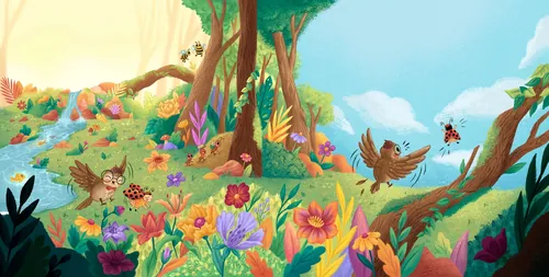 Strahlende Waldszene mit farbenfrohen Blumen und Vögeln von Alyssa De Asis