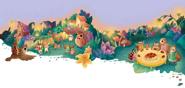 Whimsical forest animals gathering in vibrant nature scene by Alyssa De Asis