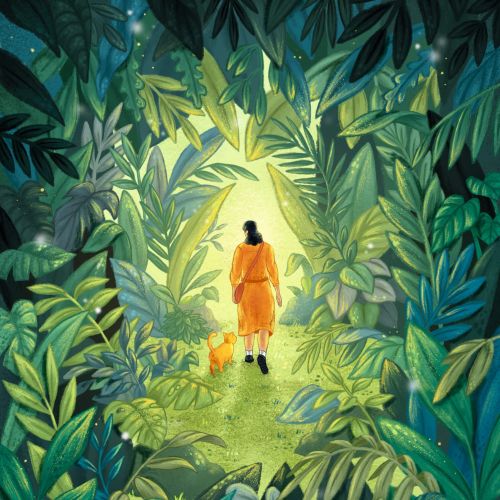 Person in orange walking through a green forest by Alyssa De Asis