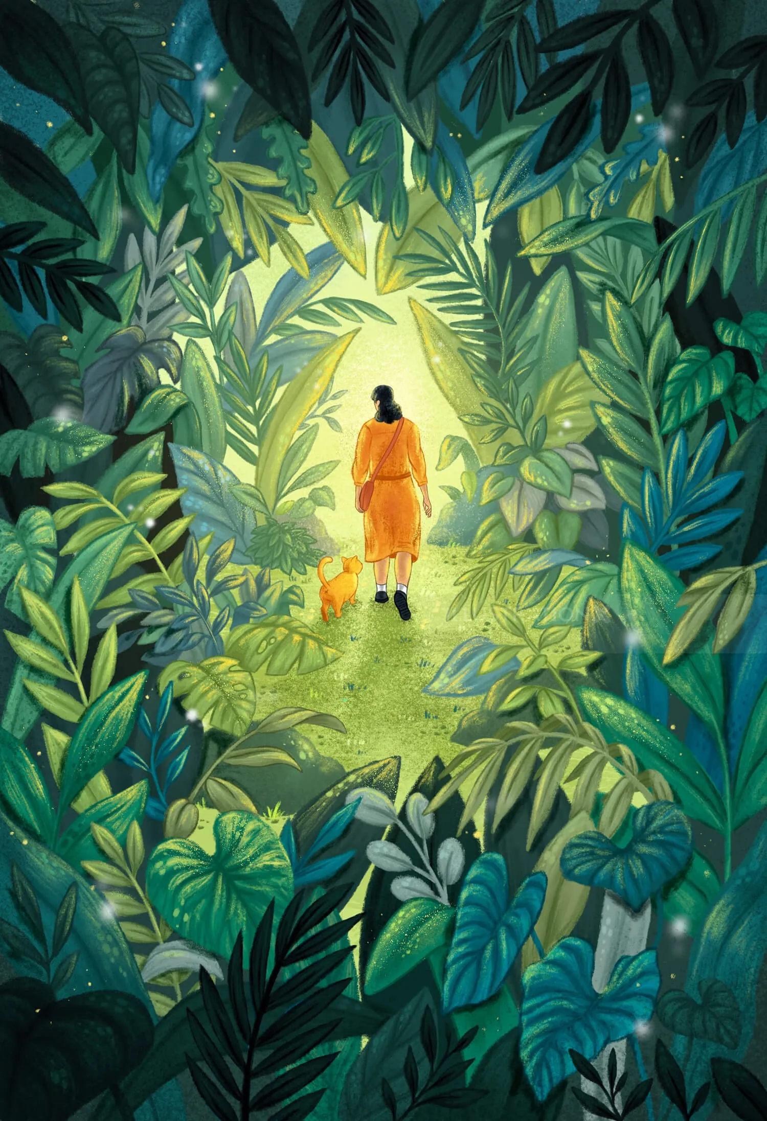Person in orange walking through a green forest by Alyssa De Asis