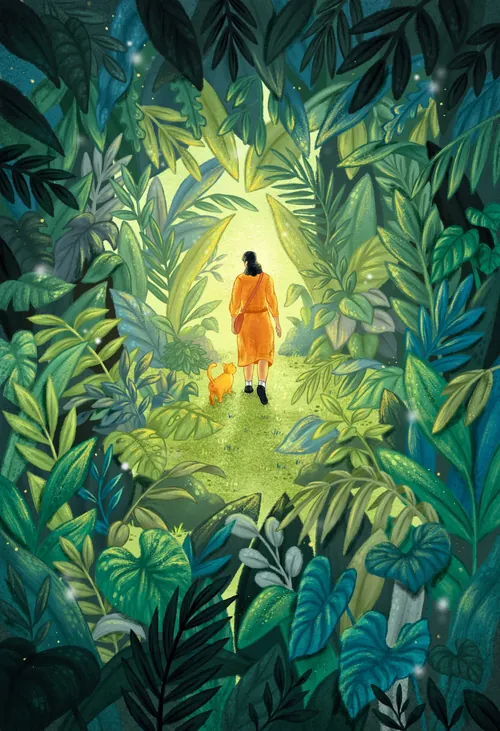 Person in Orange geht durch einen grünen Wald von Alyssa De Asis
