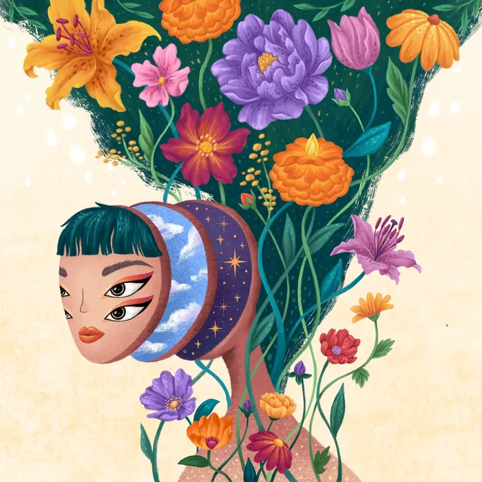 Surreal woman with multiple eyes and vibrant flowers by Alyssa De Asis