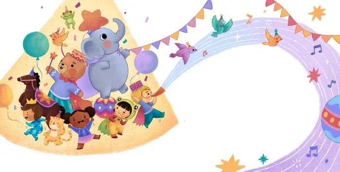 Children and animals celebrating with balloons and banners by Alyssa De Asis