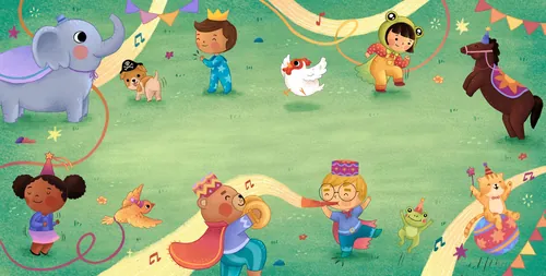 Farbenfrohe Illustration von Kindern in Kostümen, die mit Tieren spielen, von Alyssa De Asis