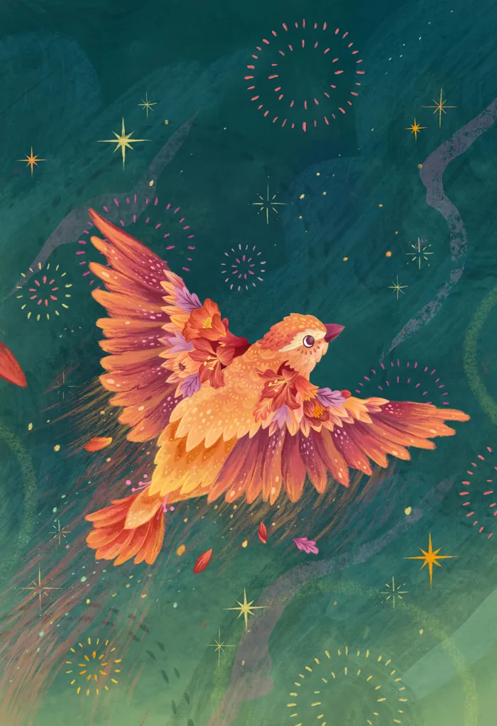Colorful bird flying in starry night sky by Alyssa De Asis