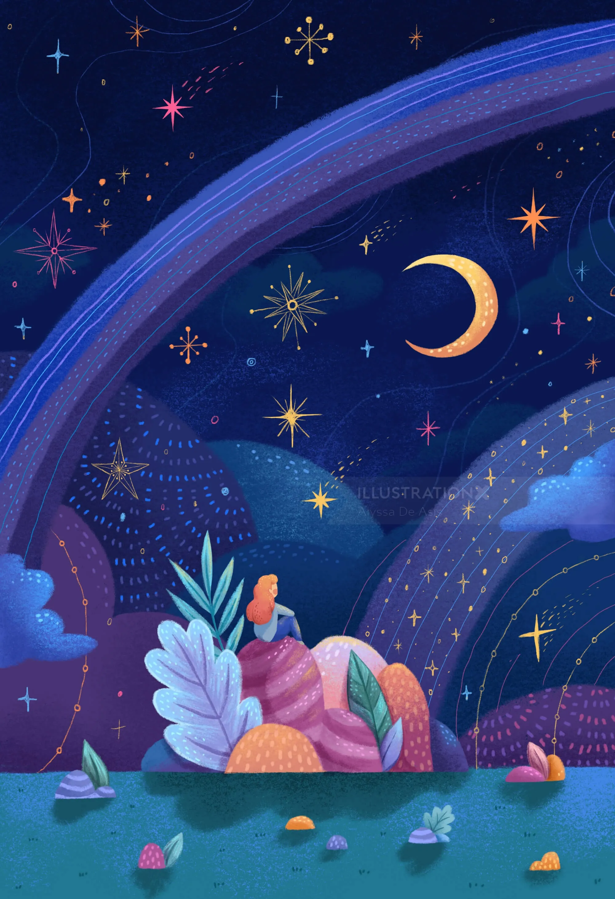 夜晚，星空下，女孩坐在色彩斑斓的山丘上（作者：Alyssa De Asis）