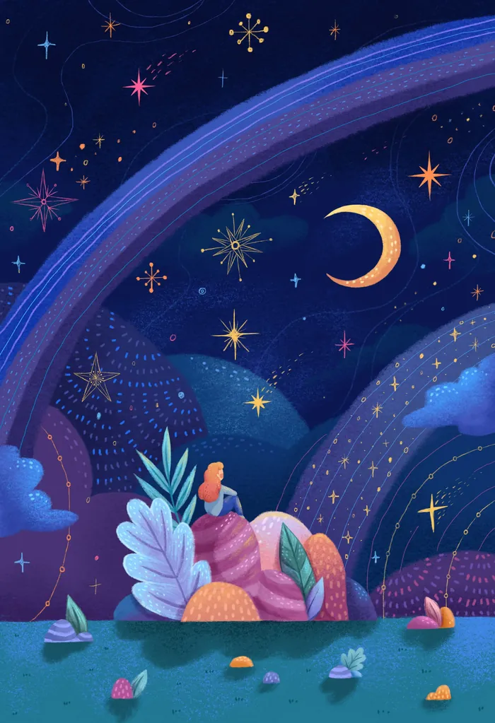 Girl sitting on colorful hills at night under starry sky by Alyssa De Asis