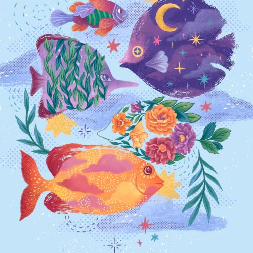 Illustration of colorful fish with flowers and night sky patterns