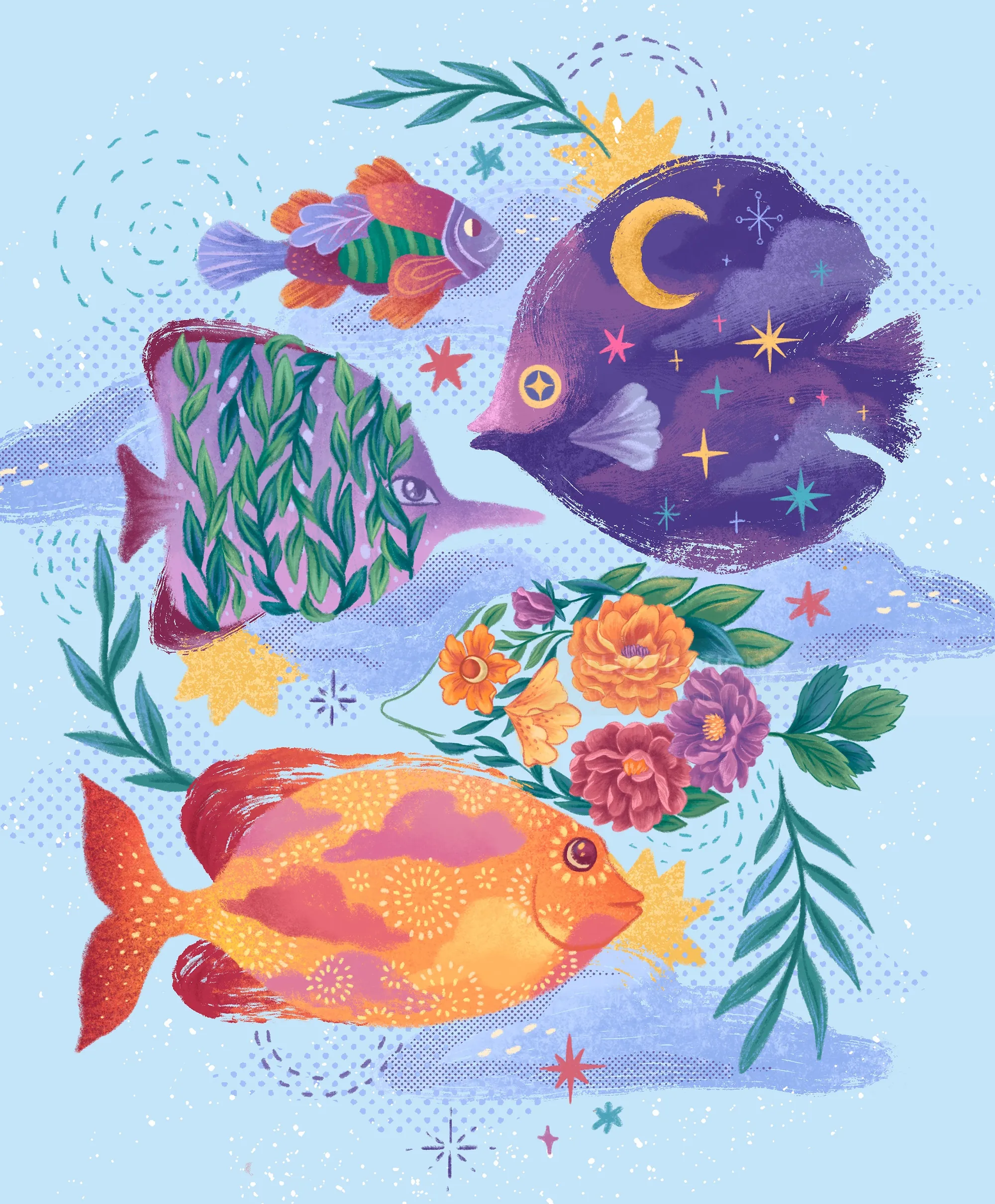 Ilustração de peixes coloridos com flores e padrões de céu noturno