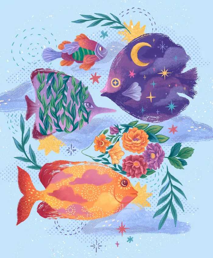 Illustration of colorful fish with flowers and night sky patterns