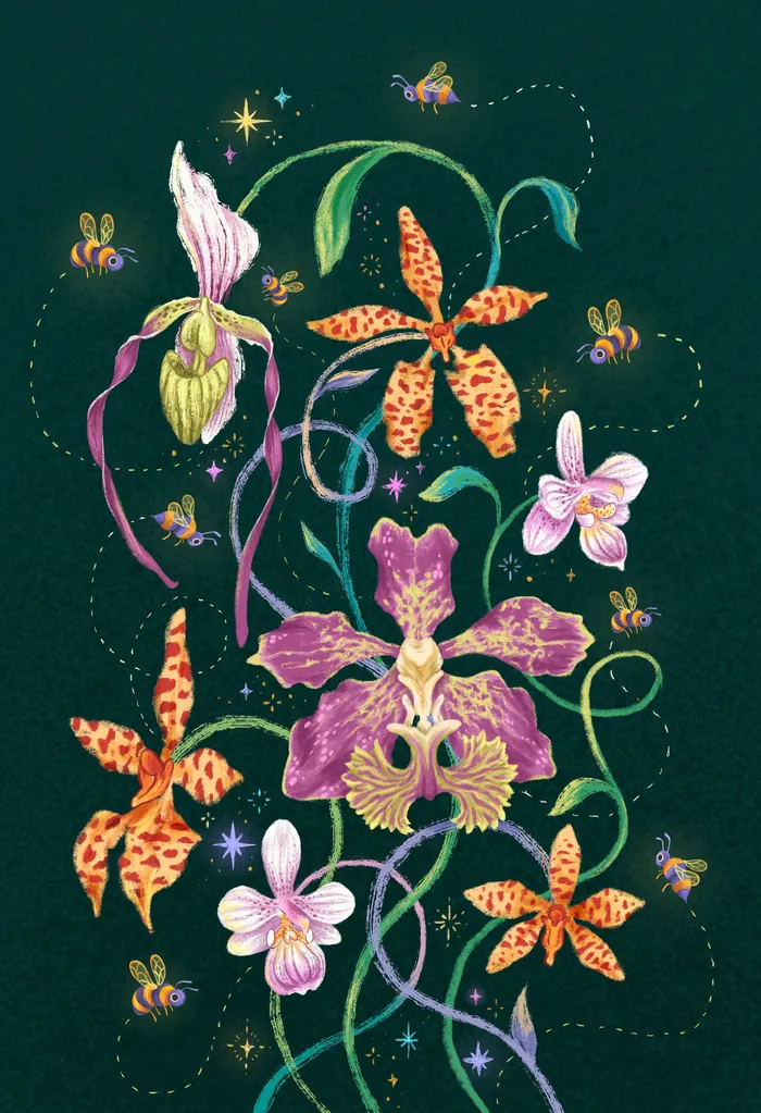 Illustration of vibrant orchids and bees with decorative green vines