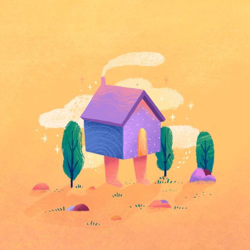 Illustration of a purple house with legs walking near trees