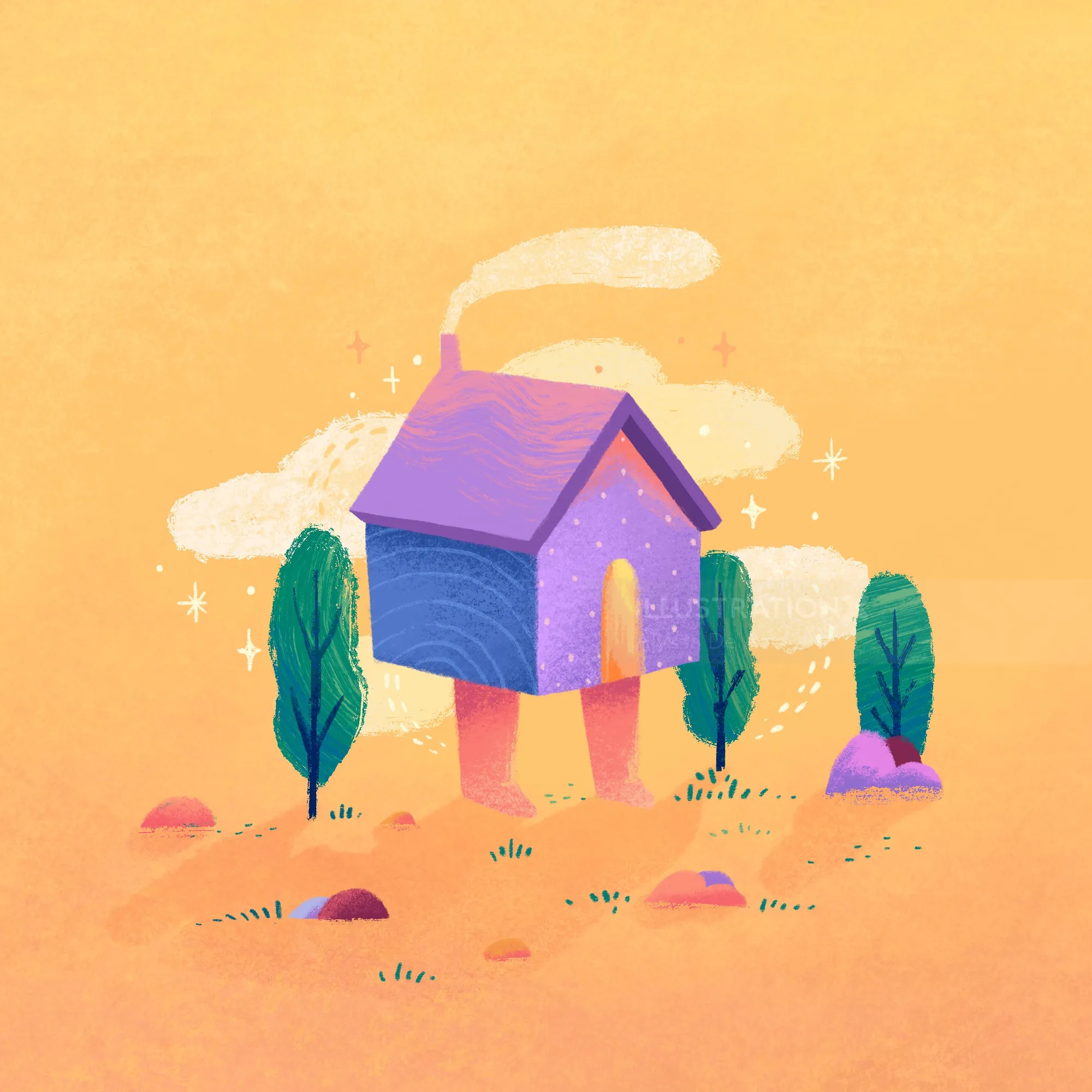 Illustration eines lila Hauses mit Beinen, die an Bäumen entlanglaufen.